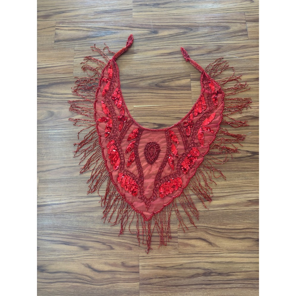 Red sequined beaded fringe collar neckline shawl cowgirl western